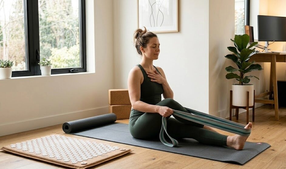 Woman doing somatic stretching at home on a yoga mat in a cozy movement nook corner as part of a desk worker daily routine