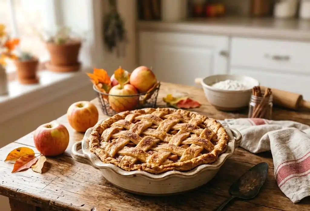Golden flaky homemade apple pie in a ceramic deep-dish pie pan on a wooden kitchen table, best cozy homemade pie recipes for autumn, warm natural light baking aesthetic