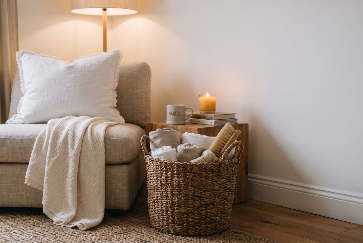 Organizing a minimalist space using a basket as part of a low effort cleaning routine