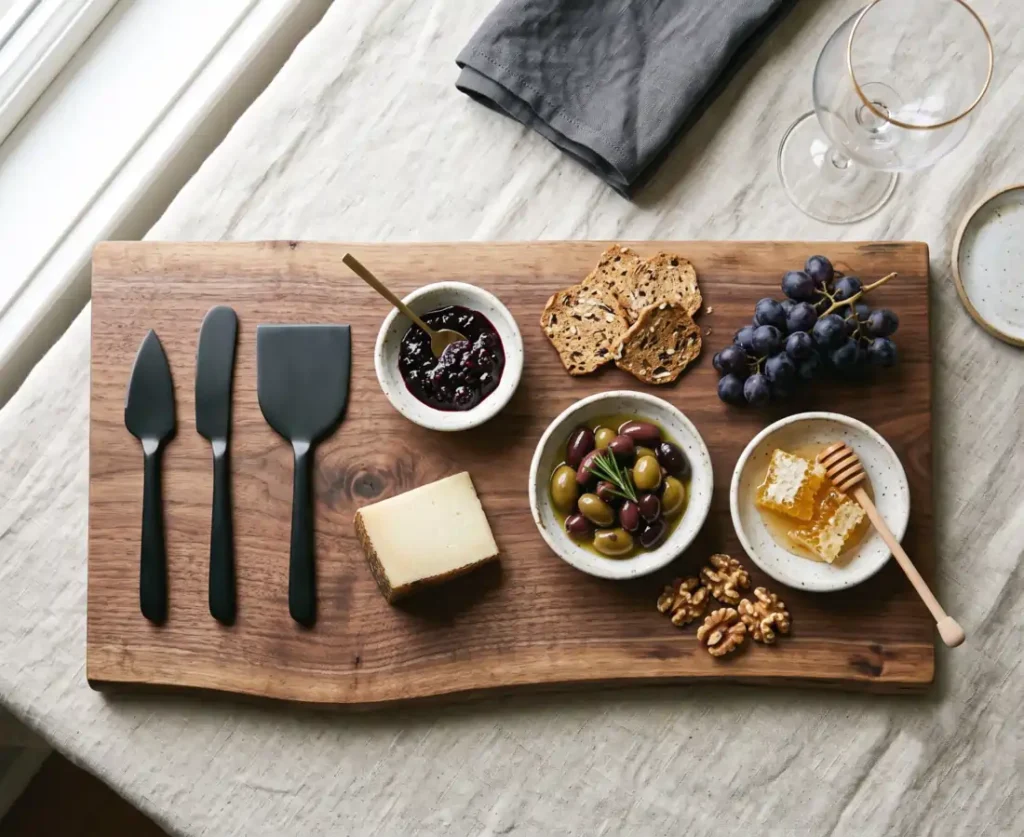Flat lay of minimalist cheese knife set in matte black next to ceramic tapas dishes with jam and olives on a wood serving platter, elegant low-stress hosting essentials