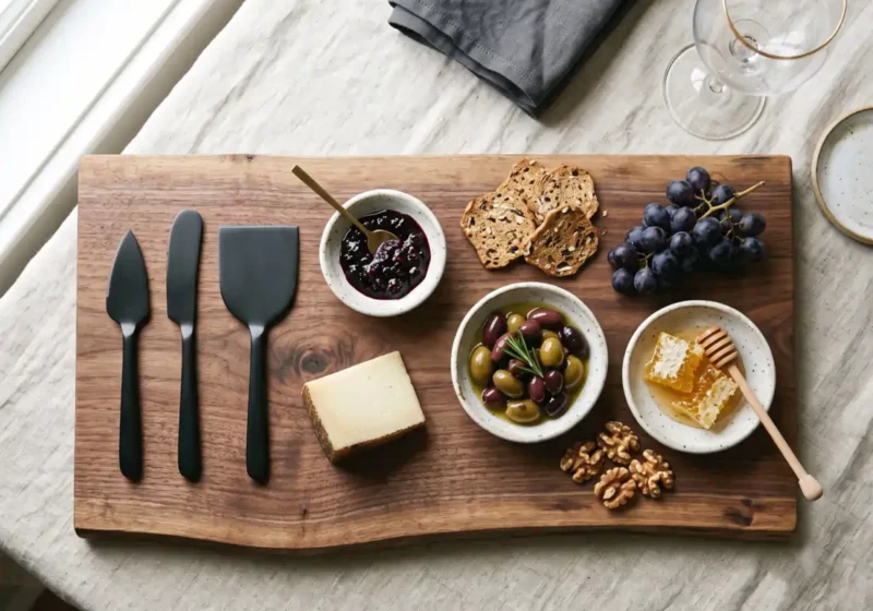 Flat lay of minimalist cheese knife set in matte black next to ceramic tapas dishes with jam and olives on a wood serving platter, elegant low-stress hosting essentials