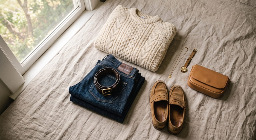Neutral cozy minimalist outfit laid out with a soft knit sweater and denim jeans