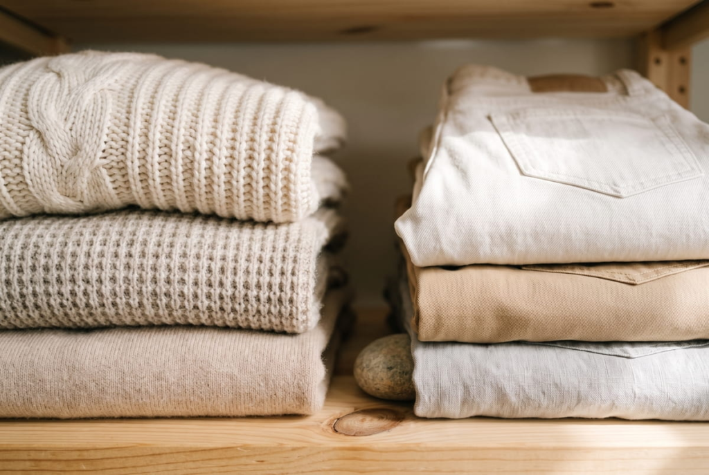 Organized minimalist wardrobe shelf with folded cream and beige knit sweaters and pants