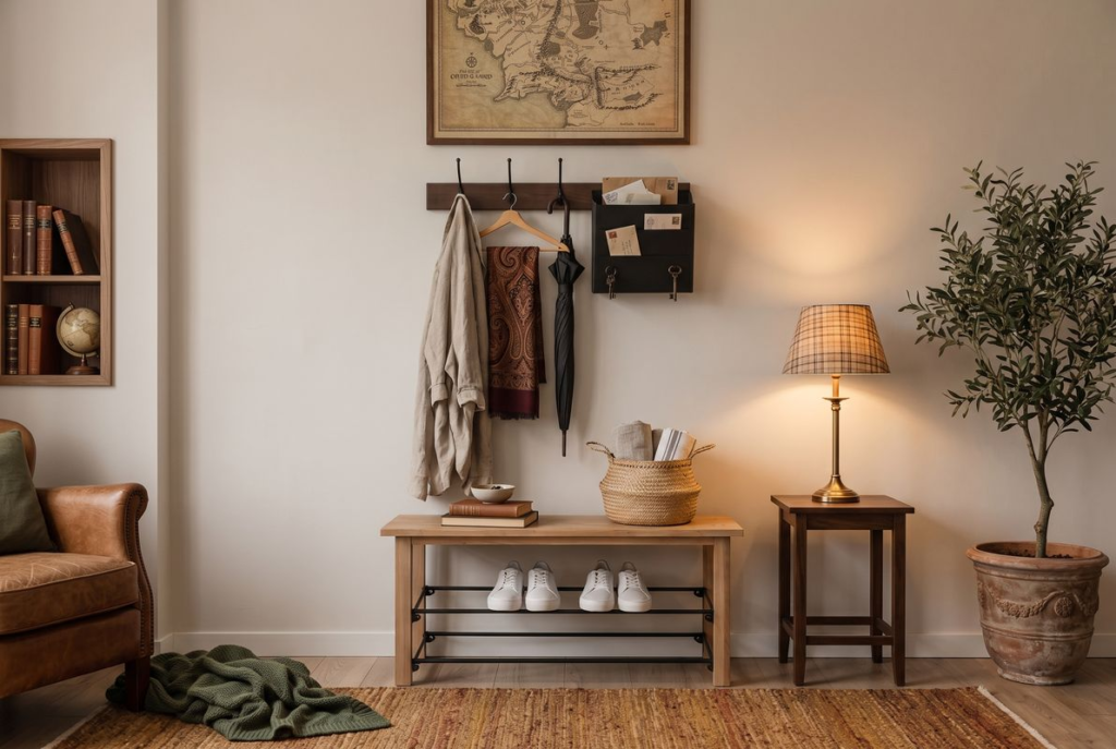 Organized entryway bench with shoe rack, woven storage basket, and cozy coat hooks — simple entryway organization ideas for a tidy home