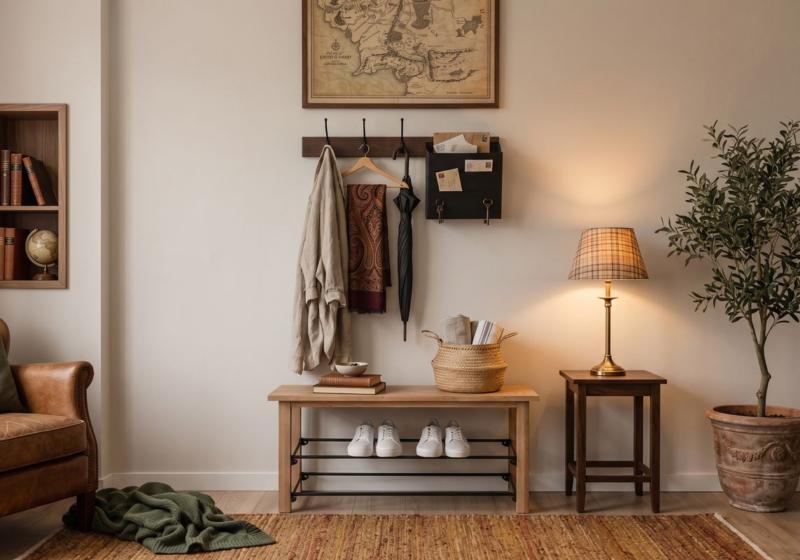 Organized entryway bench with shoe rack, woven storage basket, and cozy coat hooks — simple entryway organization ideas for a tidy home