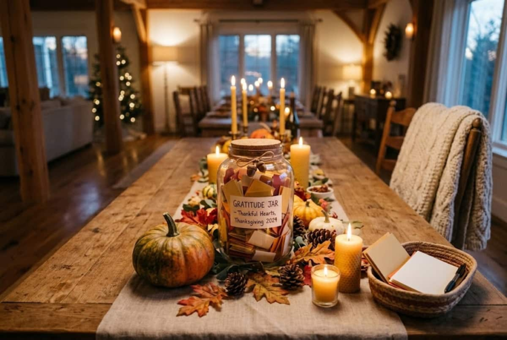 Aesthetic glass gratitude jar filled with folded paper notes on a warm Thanksgiving table with candles and autumn foliage, thanksgiving gratitude rituals for families, intentional holiday gathering