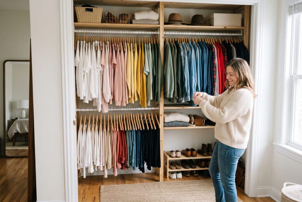 Woman curating a capsule minimalist wardrobe, sorting sweaters and clothing by color
