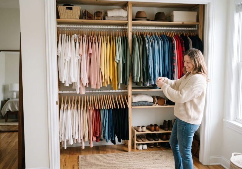 Woman curating a capsule minimalist wardrobe, sorting sweaters and clothing by color