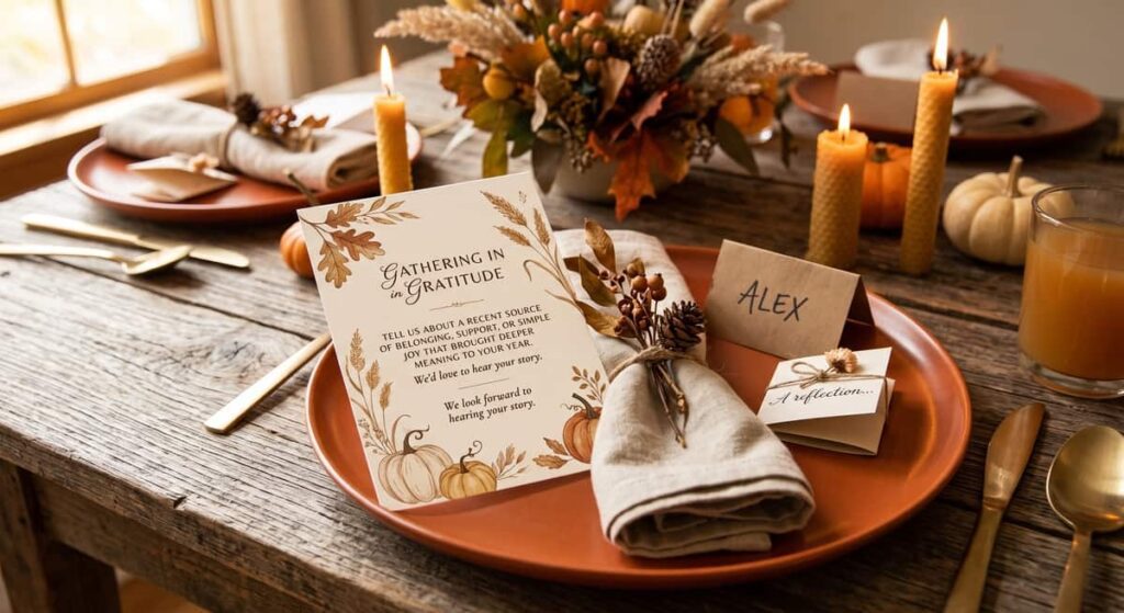 Beautiful prompt cards and small folded notes at place settings on a wooden Friendsgiving table, intentional holiday traditions for chosen family gatherings, mindful cozy living lifestyle. Thanksgiving traditions