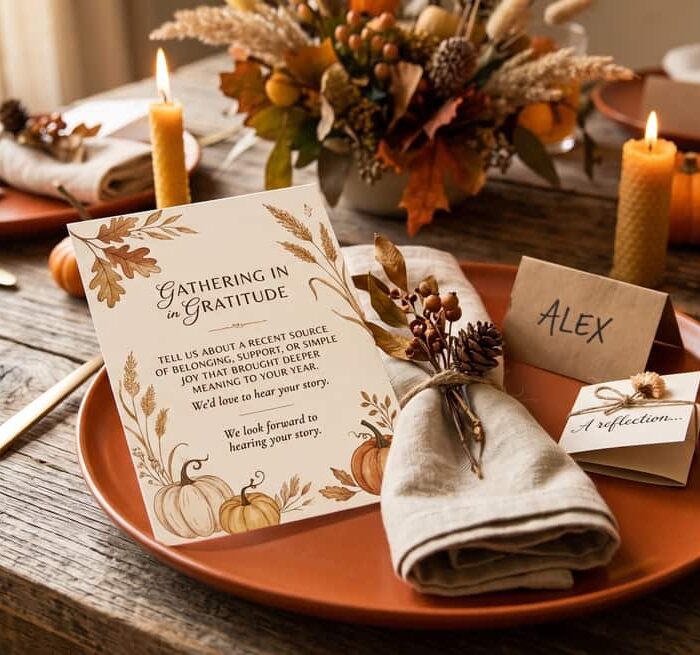 Beautiful prompt cards and small folded notes at place settings on a wooden Friendsgiving table, intentional holiday traditions for chosen family gatherings, mindful cozy living lifestyle. Thanksgiving traditions