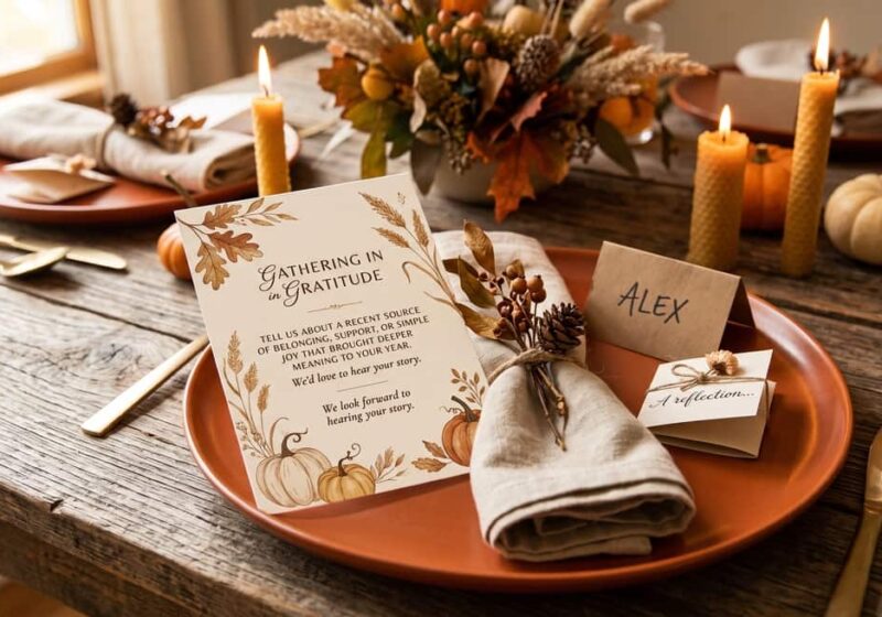 Beautiful prompt cards and small folded notes at place settings on a wooden Friendsgiving table, intentional holiday traditions for chosen family gatherings, mindful cozy living lifestyle. Thanksgiving traditions