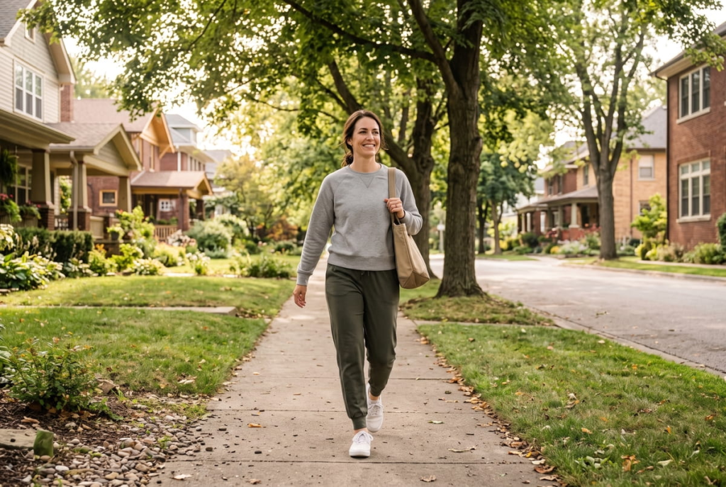 A woman enjoying a peaceful mindful walking session outdoors as part of her daily low impact exercise walking routine.