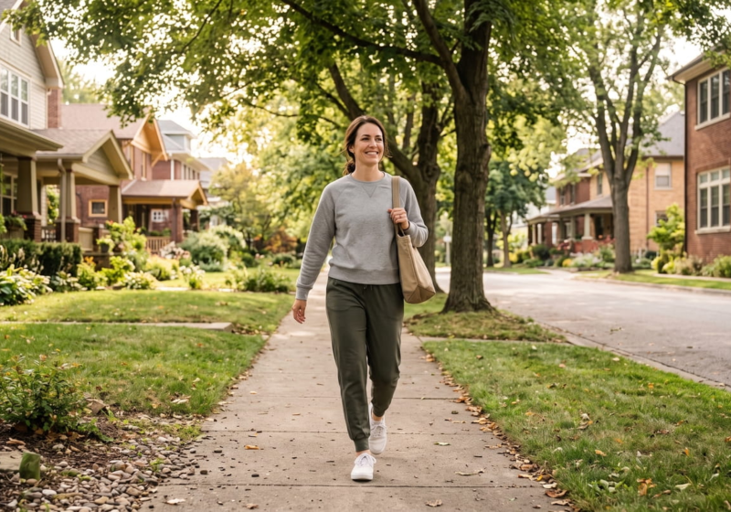 A woman enjoying a peaceful mindful walking session outdoors as part of her daily low impact exercise walking routine.