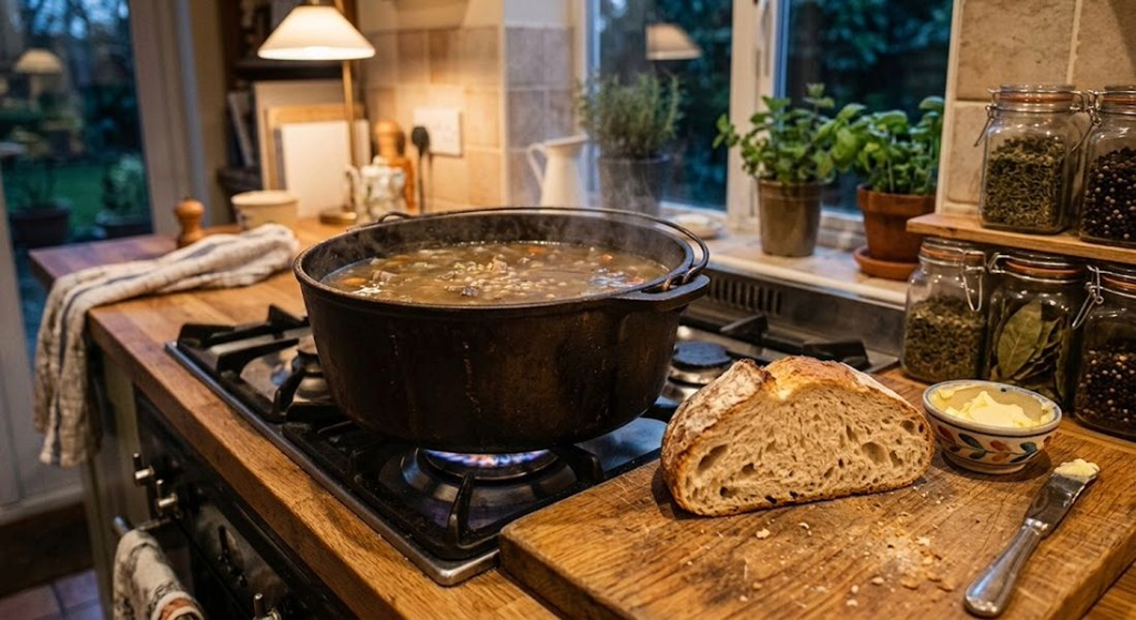Pot of homemade beef and barley soup with tender grains and ground beef, perfect for cozy autumn soup recipes and quick soups for dinner on cold weeknights. Soups for dinner