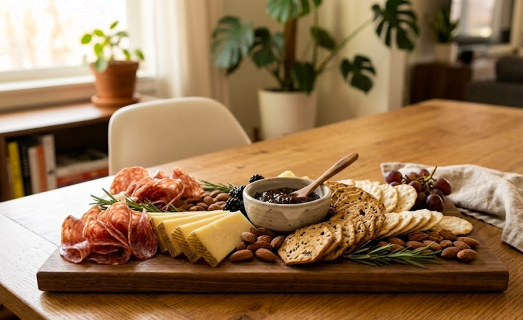 easy charcuterie board used for easy appetizers. Hosting tips for hosting parties