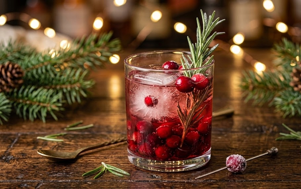 cranberry and rosemary decoration for a glass with a zero-proof holiday mocktail