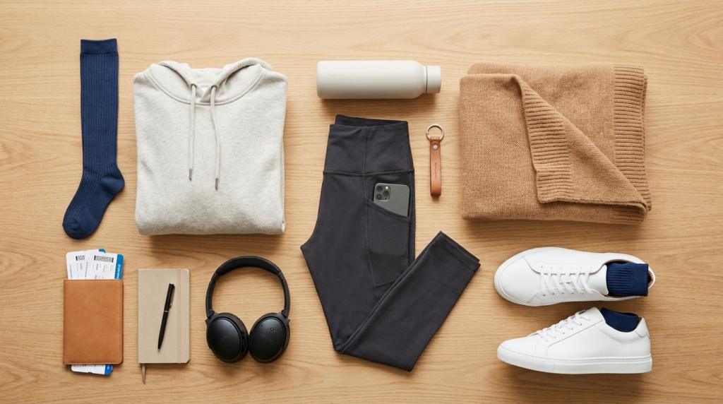 A neatly laid-out set of thoughtful minimalist gifts for travelers featuring flat-lay clothing, comfortable footwear, and compact gear designed for light packing.