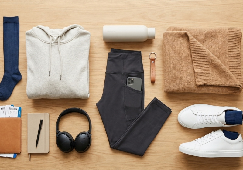 A neatly laid-out set of thoughtful minimalist gifts for travelers featuring flat-lay clothing, comfortable footwear, and compact gear designed for light packing.
