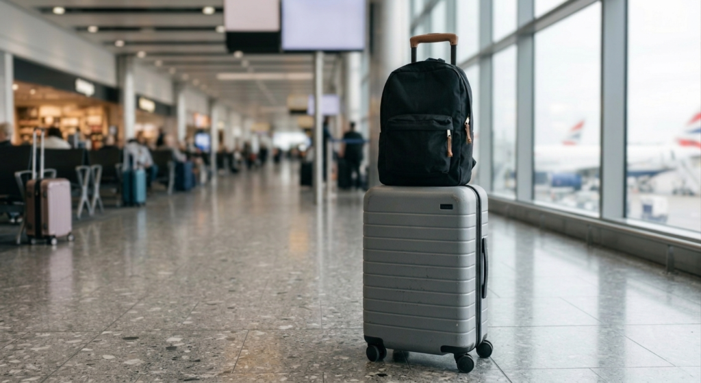 A sleek suitcase and backpack in an airport terminal, representing practical gifts for minimalist travelers who want to streamline their journey.