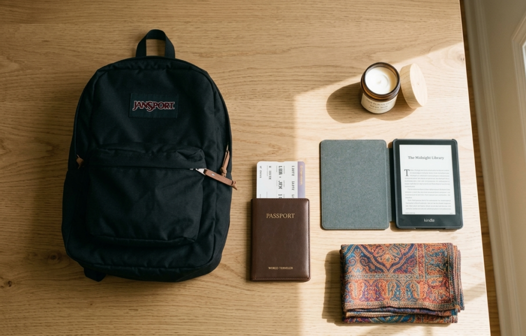 A collection of small useful travel gifts arranged on a table, including a durable backpack, notebook, passport case, and portable tech essentials.
