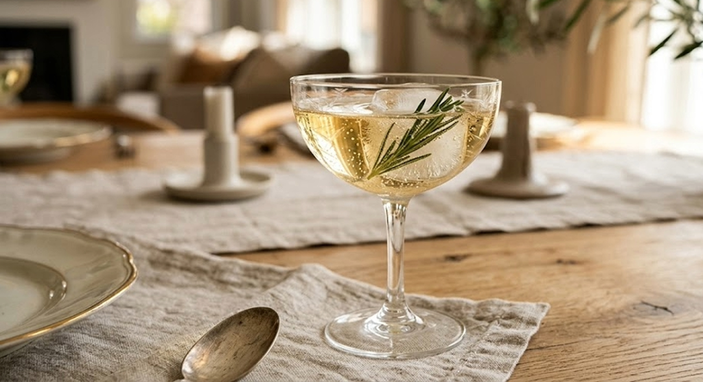  picture of a vintage glass with a sprig of rosemary featuring easy holiday mocktails. Discover zero-proof bar staples, low-sugar recipes, and beautiful glassware styling.