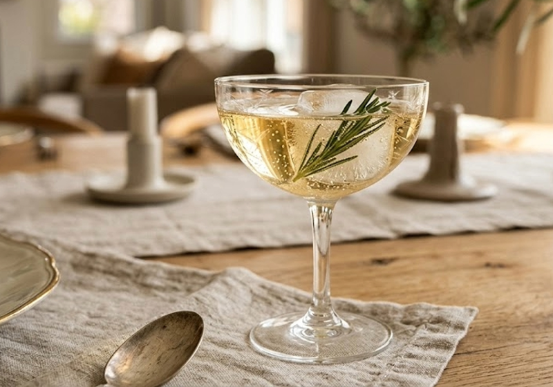 picture of a vintage glass with a sprig of rosemary featuring easy holiday mocktails. Discover zero-proof bar staples, low-sugar recipes, and beautiful glassware styling.