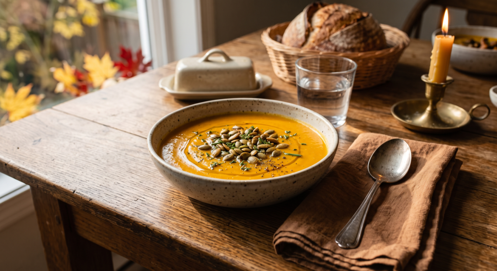 Freshly cooked pumpkin soup served on a bowl and sitting on top of a cozy dinning table —a top choice for autumn soup recipes, meal prep soups, and healthy weeknight dinners when looking for easy soups for dinner or cozy fall soups for dinner.