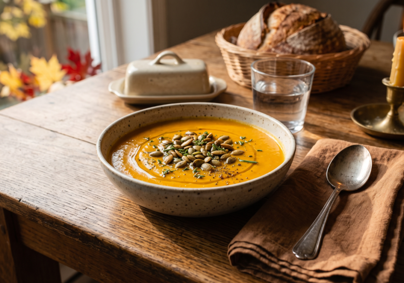 Freshly cooked pumpkin soup served on a bowl and sitting on top of a cozy dinning table —a top choice for autumn soup recipes, meal prep soups, and healthy weeknight dinners when looking for easy soups for dinner or cozy fall soups for dinner.
