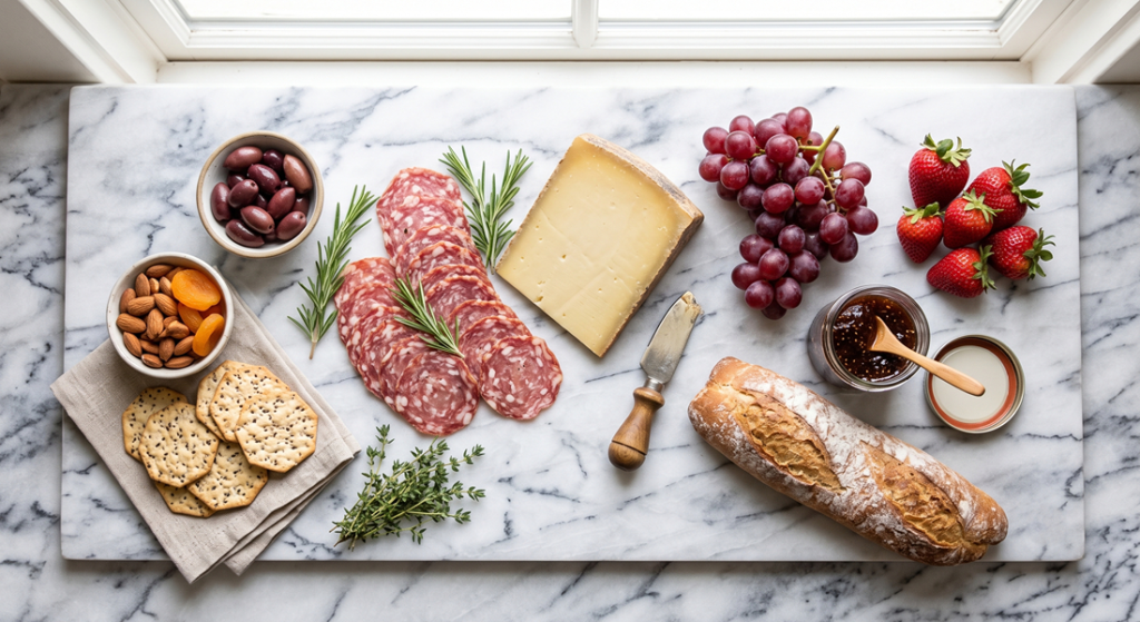 simple charcuterie board featuring some cheese, fruits, crackers and jam and bread featuring some hosting tips and beginner charcuterie boards for parties.