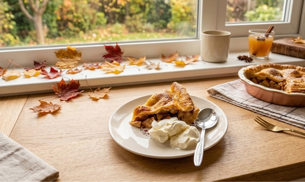 slice of a homemade apple pie from scratch with using a recipe of easy flaky crust to bake the best apple pie