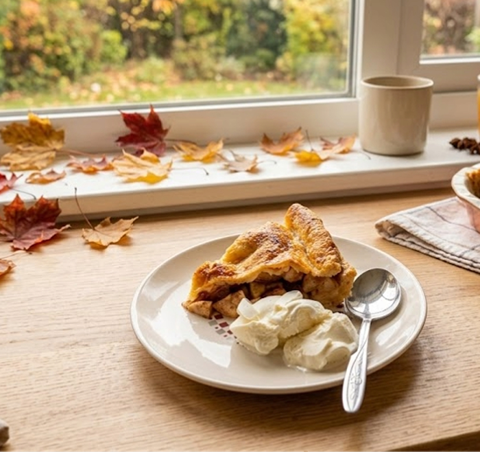 slice of a homemade apple pie from scratch with using a recipe of easy flaky crust to bake the best apple pie