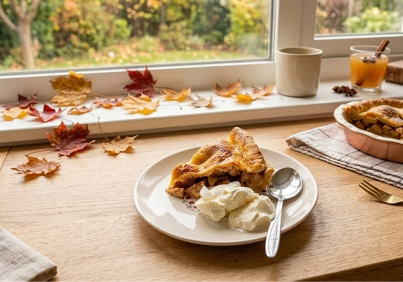 slice of a homemade apple pie from scratch with using a recipe of easy flaky crust to bake the best apple pie