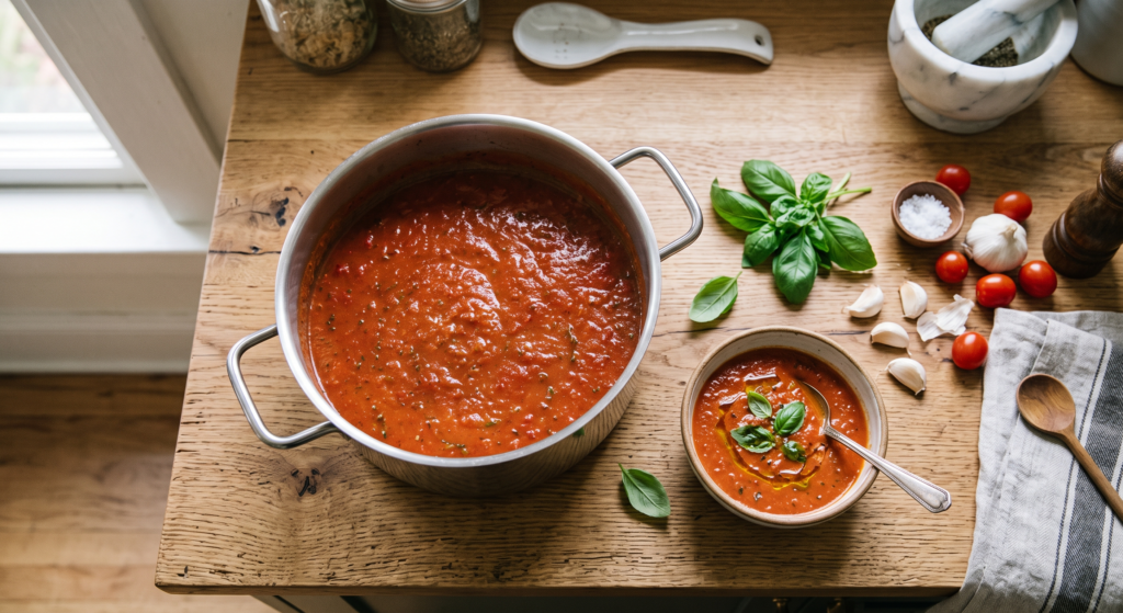 Pot of homemade tomato basil soup on a wooden table, one of the best cozy autumn soup recipes and fall soups for dinner, ideal for healthy weeknight dinners, easy soups for dinner, and meal prep soups.