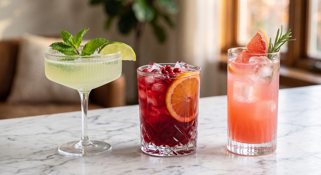 3 holiday mocktails in beautiful glassware styling using  zero-proof bar staples